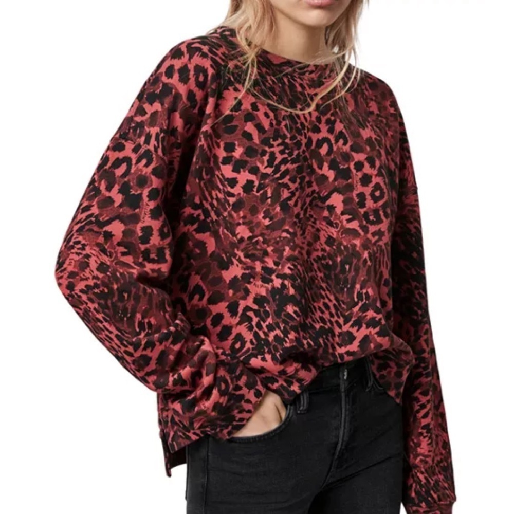 ALLSAINTS Lo Redar Leopard Print Sweatshirt size medium in pink and black